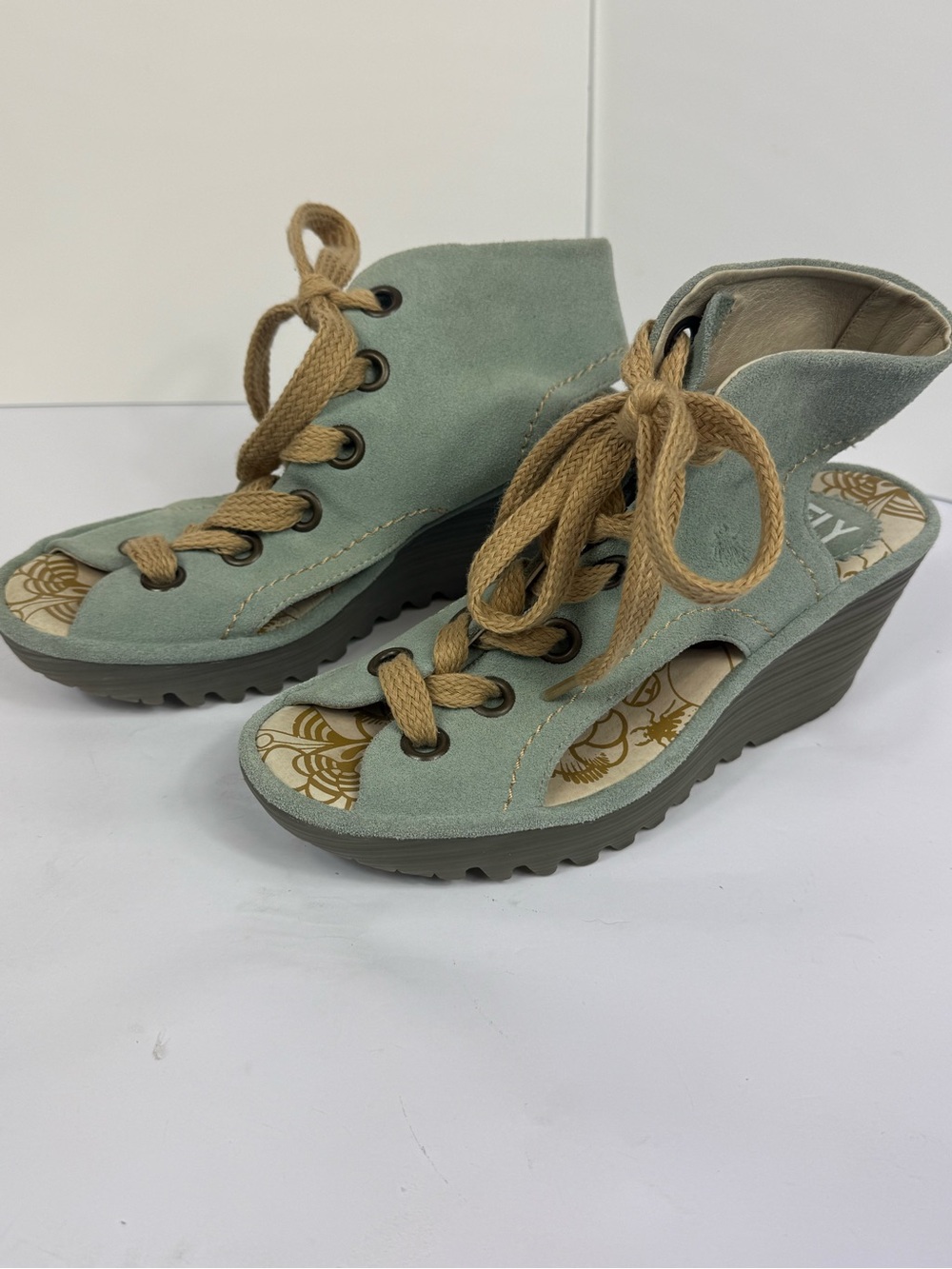 Fly London Yaba Woman's Suede Pale Blue Wedge Bootie Sandals-SIZE 38 (US 7.5)